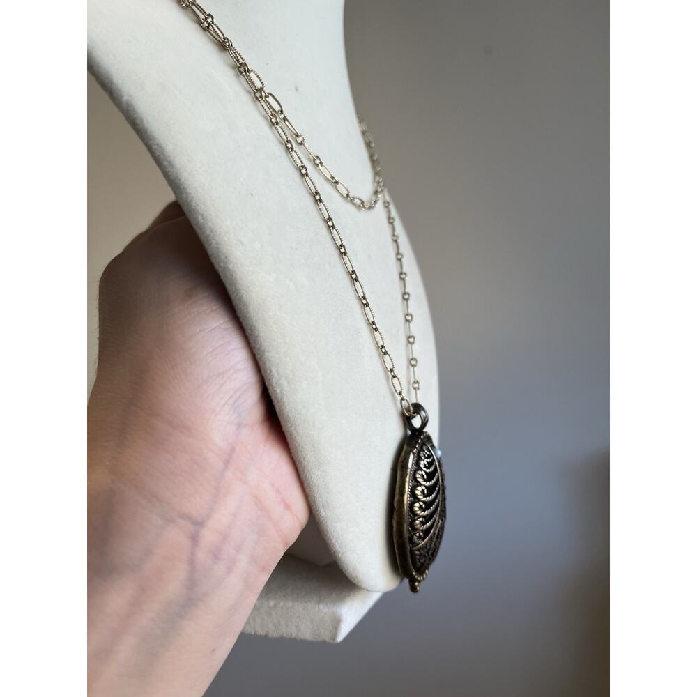 Vintage Antique Bronze Reversible Medallion Necklace Long Flower Domed Cage 40” - Picture 6 of 12